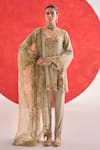 Buy_Ridhima Bhasin_Gray Chanderi, Crepe Embroidery Round Neck Roohi Kurta And Pant Set _at_Aza_Fashions