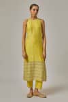 Priyal Prakash_Yellow Chanderi, Cotton, Viscose, Organza Embroidery, Hand Straight Kurta Set _Online_at_Aza_Fashions