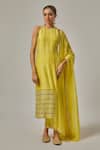 Buy_Priyal Prakash_Yellow Chanderi, Cotton, Viscose, Organza Embroidery, Hand Straight Kurta Set _at_Aza_Fashions