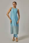 Priyal Prakash_Sky Blue Chanderi, Cotton, Viscose, Organza Sequins, Zari, Hand Kurta Set _Online_at_Aza_Fashions
