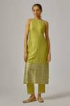 Priyal Prakash_Green Viscose, Organza Embroidery, Sequins Halter Neck Hand Kurta Set _Online_at_Aza_Fashions