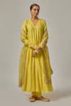Buy_Priyal Prakash_Yellow Cotton, Silk Organza Embroidery, Sequins, Zari V-neck Anarkali Set _Online_at_Aza_Fashions