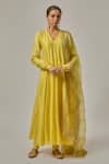 Buy_Priyal Prakash_Yellow Cotton, Silk Organza Embroidery, Sequins, Zari V-neck Anarkali Set _at_Aza_Fashions