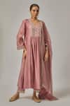 Buy_Priyal Prakash_Pink Chanderi, Viscose, Organza Sequins, Zari, Embroidery V-neck Yoke Kurta Set _at_Aza_Fashions