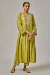 Priyal Prakash_Green Chanderi, Viscose, Organza Sequins, Embroidery V-neck Yoke Kurta Set _Online_at_Aza_Fashions
