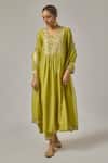 Priyal Prakash_Green Chanderi, Viscose, Organza Sequins, Embroidery V-neck Yoke Kurta Set _at_Aza_Fashions