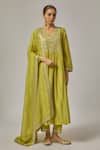 Buy_Priyal Prakash_Green Chanderi, Viscose, Organza Sequins, Embroidery V-neck Yoke Kurta Set _at_Aza_Fashions