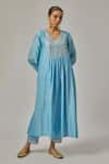 Priyal Prakash_Sky Blue Chanderi, Viscose, Organza Embroidery, Sequins V-neck Yoke Kurta Set _Online_at_Aza_Fashions