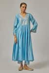 Shop_Priyal Prakash_Sky Blue Chanderi, Viscose, Organza Embroidery, Sequins V-neck Yoke Kurta Set _Online_at_Aza_Fashions