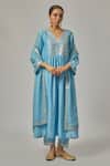 Priyal Prakash_Sky Blue Chanderi, Viscose, Organza Embroidery, Sequins V-neck Yoke Kurta Set _at_Aza_Fashions