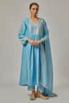 Buy_Priyal Prakash_Sky Blue Chanderi, Viscose, Organza Embroidery, Sequins V-neck Yoke Kurta Set _at_Aza_Fashions