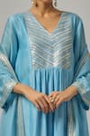 Buy_Priyal Prakash_Sky Blue Chanderi, Viscose, Organza Embroidery, Sequins V-neck Yoke Kurta Set 
