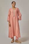 Buy_Priyal Prakash_Peach Chanderi Gota Patti, Embroidery, Zari V-neck Kurta Set _Online_at_Aza_Fashions