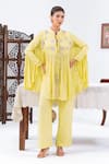 Buy_Leela By A_Lime Satin, Chiffon, Muslin Embroidery Round Neck Yoke Flared Top With Pant _at_Aza_Fashions