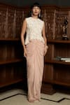 Shop_Istya_Cream Organza, Chinon Embroidery Round Neck Pink Top And Skirt Set _Online_at_Aza_Fashions