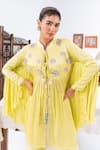 Buy_Leela By A_Lime Satin, Chiffon, Muslin Embroidery Round Neck Yoke Flared Top With Pant 