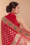Samyukta Singhania Red Tassels High Neck Zari Woven Banarasi Silk Saree With Blouse Online at Aza Fashions Samyukta Singhania_Red Tassels High Neck Zari Woven Banarasi Silk Saree With Blouse _Online_at_Aza_Fashions