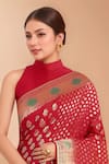 Shop Samyukta Singhania Red Tassels High Neck Zari Woven Banarasi Silk Saree With Blouse Online at Aza Fashions Shop_Samyukta Singhania_Red Tassels High Neck Zari Woven Banarasi Silk Saree With Blouse _Online_at_Aza_Fashions