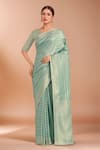 Buy_Samyukta Singhania_Blue Embroidery, Zari V-neck Woven Banarasi Satin Silk Saree With Blouse _at_Aza_Fashions