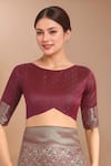 Shop_Samyukta Singhania_Maroon Silk Zari Round Neck Woven Banarasi Saree With Blouse 