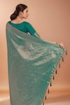 Shop_Samyukta Singhania_Teal Tassels, Zari Round Neck Woven Banarasi Silk Saree With Blouse 