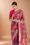 Buy_Samyukta Singhania_Pink Zari V-neck Woven Banarasi Silk Saree With Blouse _Online_at_Aza_Fashions