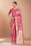 Buy_Samyukta Singhania_Pink Zari V-neck Woven Banarasi Silk Saree With Blouse _at_Aza_Fashions