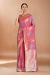 Buy_Samyukta Singhania_Pink Zari V-neck Woven Banarasi Silk Saree With Blouse _Online_at_Aza_Fashions