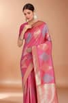 Shop_Samyukta Singhania_Pink Zari V-neck Woven Banarasi Silk Saree With Blouse _Online_at_Aza_Fashions