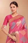 Samyukta Singhania_Pink Zari V-neck Woven Banarasi Silk Saree With Blouse _at_Aza_Fashions