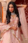 Shop_Amaltas Couture_Peach Organza Mirrors, Gota Patti, Embroidery V-neck Lehenga Set _Online_at_Aza_Fashions
