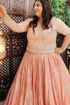 Shop_Amaltas Couture_Peach Silk, Net Sequins, Beads V-neck Flower Print Lehenga Set _Online_at_Aza_Fashions