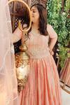 Shop_Amaltas Couture_Peach Silk, Net Sequins, Beads V-neck Flower Print Lehenga Set _at_Aza_Fashions