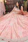 Buy_Amaltas Couture_Peach Silk, Net Sequins, Beads V-neck Flower Print Lehenga Set _at_Aza_Fashions