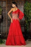 Shop_Amaltas Couture_Coral Chinon Beads, Cut Work Asymmetric Embroidered Lehenga With Blouse _at_Aza_Fashions
