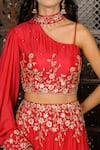 Buy_Amaltas Couture_Coral Chinon Beads, Cut Work Asymmetric Embroidered Lehenga With Blouse _Online_at_Aza_Fashions