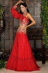 Amaltas Couture_Coral Chinon Beads, Cut Work Asymmetric Embroidered Lehenga With Blouse _at_Aza_Fashions
