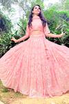 Shop_Amaltas Couture_Peach Net Sequins Round Neck Work Lehenga Set _Online_at_Aza_Fashions