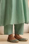 Beige_Green Cotton Satin, Chanderi Beads, Sequins V-neck Floral Embroidered Kurta Set _Online_at_Aza_Fashions