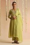 Buy_Beige_Lime Cotton Satin Beads, Sequins V-neck Thread Embroidered Kurta Set _at_Aza_Fashions