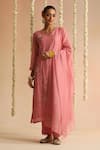 Buy_Beige_Pink Cotton Satin Beads, Sequins Round Neck Work Kurta Set _at_Aza_Fashions