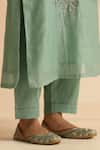 Beige_Green Cotton Satin Beads, Sequins Round Neck Flower Embroidered Kurta Set _Online_at_Aza_Fashions