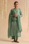 Buy_Beige_Green Cotton Satin Beads, Sequins Round Neck Flower Embroidered Kurta Set _at_Aza_Fashions