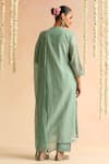 Shop_Beige_Green Cotton Satin Beads, Sequins Round Neck Flower Embroidered Kurta Set _at_Aza_Fashions