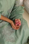 Beige_Green Cotton Satin Beads, Sequins Round Neck Flower Embroidered Kurta Set _Online