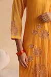 Beige_Orange Cotton Satin Beads, Sequins Round Neck Flower Embroidered Kurta Pant Set _at_Aza_Fashions