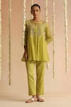 Buy_Beige_Lime Cotton Satin Embroidery, Beads, Sequins Round Neck Floral Top And Pant Set _at_Aza_Fashions