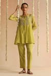 Shop_Beige_Lime Cotton Satin Embroidery, Beads, Sequins Round Neck Floral Top And Pant Set _Online_at_Aza_Fashions