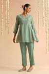 Buy_Beige_Green Beads, Sequins Round Neck Placement Embroidered Top With Pant _at_Aza_Fashions