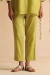 Buy_Beige_Lime Cotton Satin Beads, Sequins Round Neck Placket Embroidered Top With Pant _Online_at_Aza_Fashions